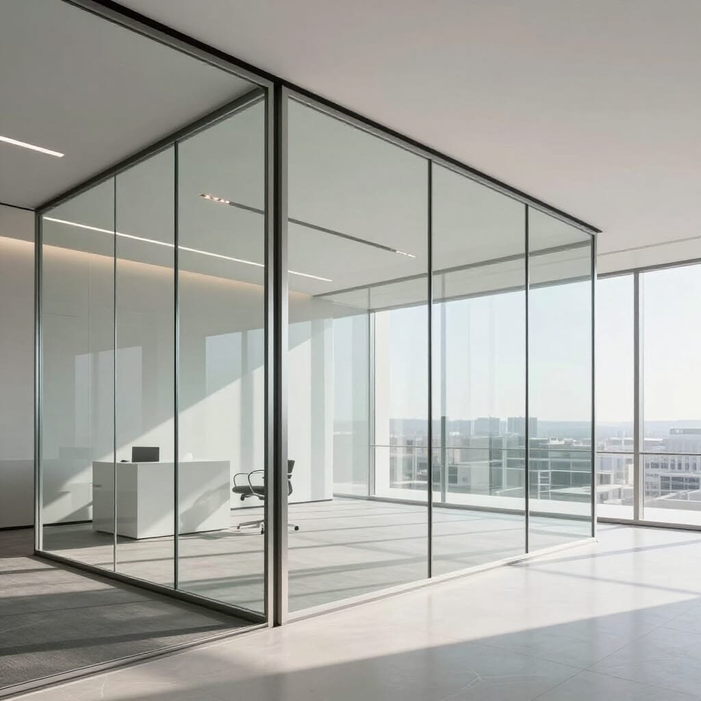 Modern luxury office interior in UAE with frameless clear glass partitions, aluminium frames | Oscar Glass & Aluminium Workshop, Ajman