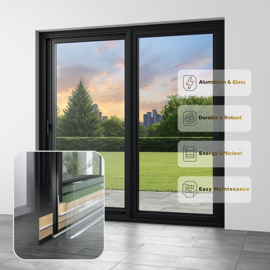Black Aluminium Sliding Door with Glass Panels.