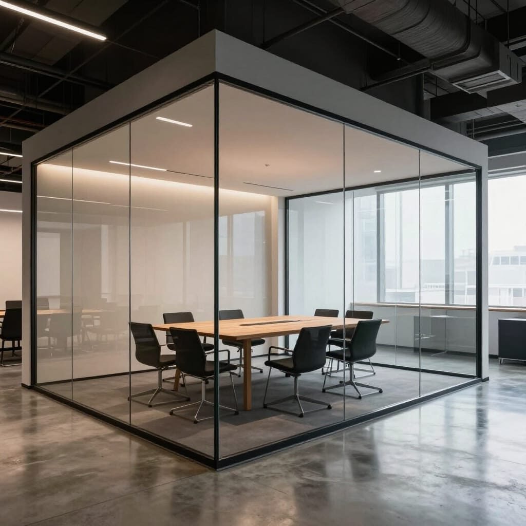 Modern office interior with a fully enclosed glass meeting room | Oscar Glass & Aluminium, AJMAN